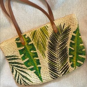 INC Macy's Palm print large woven straw raffia summer beach bag fully lined